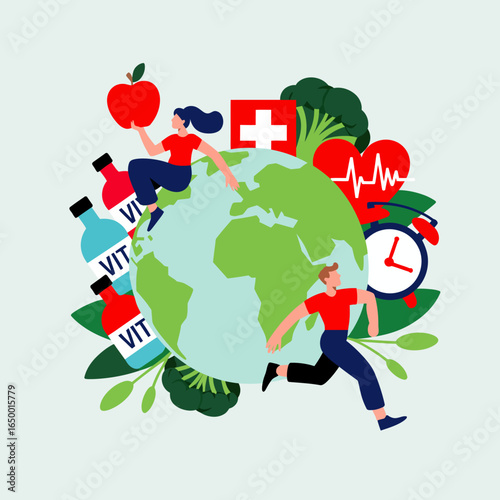 This engaging illustration features people running around a globe, symbolizing health and wellness with elements like vitamins, an apple, and broccoli to represent nourishment.