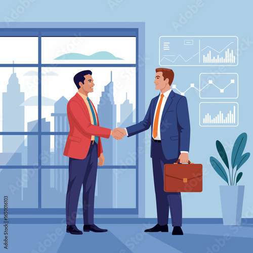 A moment of agreement is captured between two businessmen shaking hands, showcasing charts and business data in the background that signifies success and partnership.