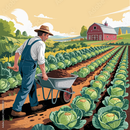 An experienced farmer working tirelessly in a verdant cabbage field, underlines the essence of traditional farming and the importance of sustainable food production in a rural community.