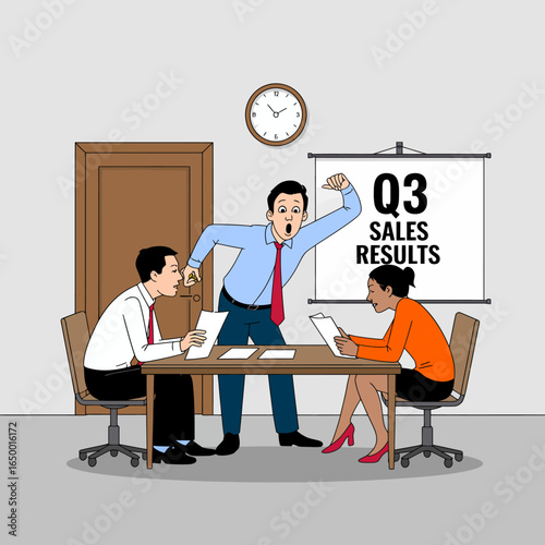 In a tense business meeting, professionals discuss Q3 sales results with passion and urgency, highlighting the importance of performance and strategic decision-making.