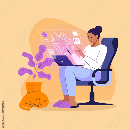Highlighting a woman at her laptop, she is immersed in work while her cat sleeps nearby, demonstrating a cozy and productive remote working environment.
