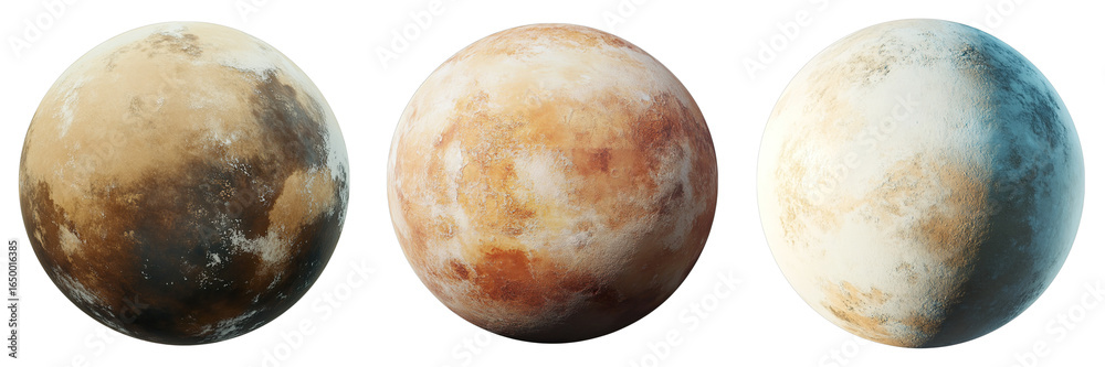 Fototapeta premium Three planets are shown in a row, with the middle one being the largest