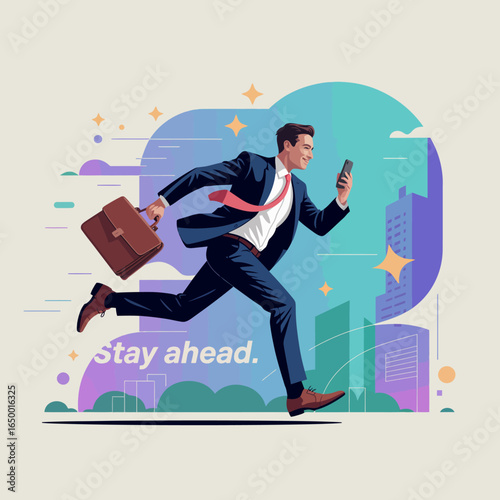 A determined businessman dashes through a colorful urban landscape, highlighting the urgency and ambition found in modern life, capturing the essence of the fast-paced business world.