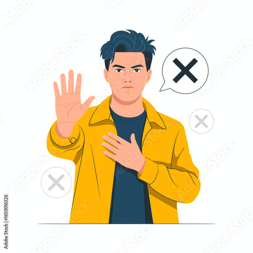 A young man with a serious expression raises his hand, indicating a strong rejection or disagreement. His attire features a bright yellow jacket, adding to the visual impact of the image.