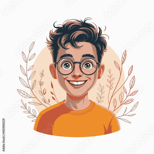 This animated boy with glasses and curly hair radiates happiness while surrounded by stylized plant patterns, emphasizing a sense of joy and liveliness in art.