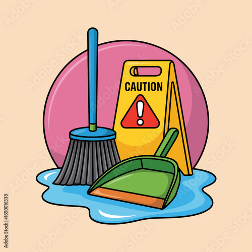A delightful visual of various cleaning tools paired with a caution sign, emphasizing the theme of care and safety in maintaining a clean and healthy environment.