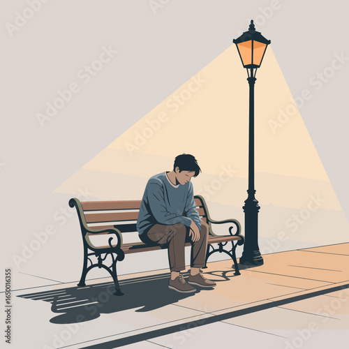 A melancholic figure on a park bench illuminated by a streetlamp, surrounded by a calm and quiet atmosphere, evoking feelings of solitude and reflection.