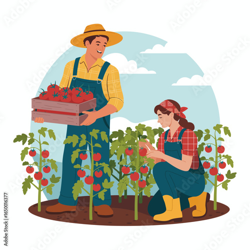 In this engaging scene, two farmers work harmoniously together in a tomato field, emphasizing teamwork, dedication, and the rewarding experience of farming.