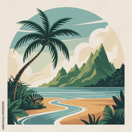 An exquisite coastal view featuring a solitary palm tree, dramatic mountain textures, and a serene bay, illustrating the tranquillity and beauty of nature in artistic form.