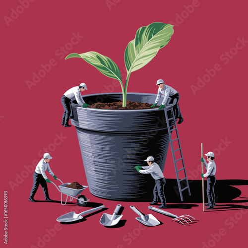 A group diligently works on a large pot, adding soil and tending to a young plant while emphasizing teamwork, care, and the joy of nurturing greenery together.