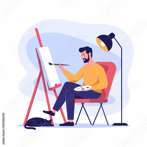 In a peaceful atmosphere, an artist immerses himself in painting at an easel, complemented by the presence of his relaxed cat, symbolizing harmony between creativity and comfort.