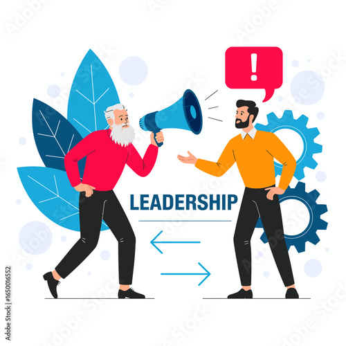 An engaging graphic representing a dynamic exchange between two individuals, with the theme of leadership emphasized by clear visual cues such as a megaphone and gears.