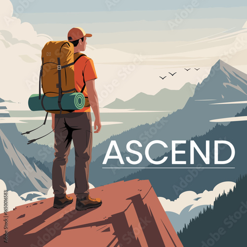 An enthusiastic hiker stands at a mountain peak with the word 'ASCEND', capturing the spirit of motivation and adventure amidst a breathtaking outdoor landscape.