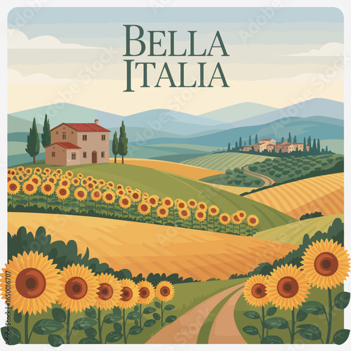 A picturesque Italian landscape showcasing fields of sunflowers against rolling hills, encapsulating the beauty of nature and the charm of rural life in Italy.