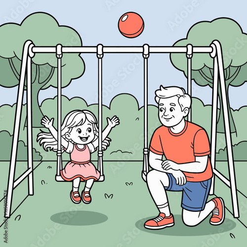 A delightful scene of a young girl on a swing, surrounded by greenery, as she enjoys the sunny day, capturing the essence of childhood freedom and happiness.