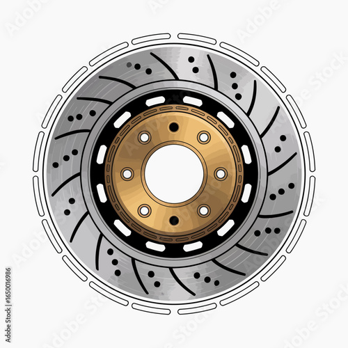 This image showcases a high-performance brake disc featuring drilled holes for improved cooling and heat dissipation, highlighting its durability and performance capabilities.