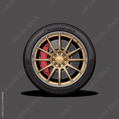 A gold spoked wheel with a dramatic red brake caliper standing out against the monochromatic background, highlighting both design and automotive engineering.