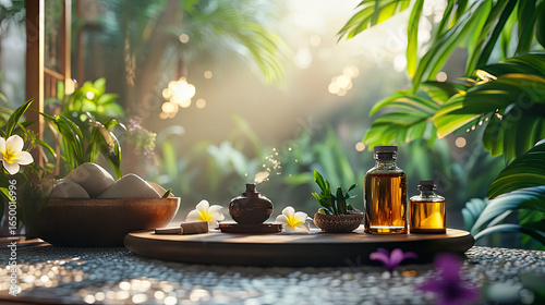 An inviting setup for a Thai massage with essential oils and herbs