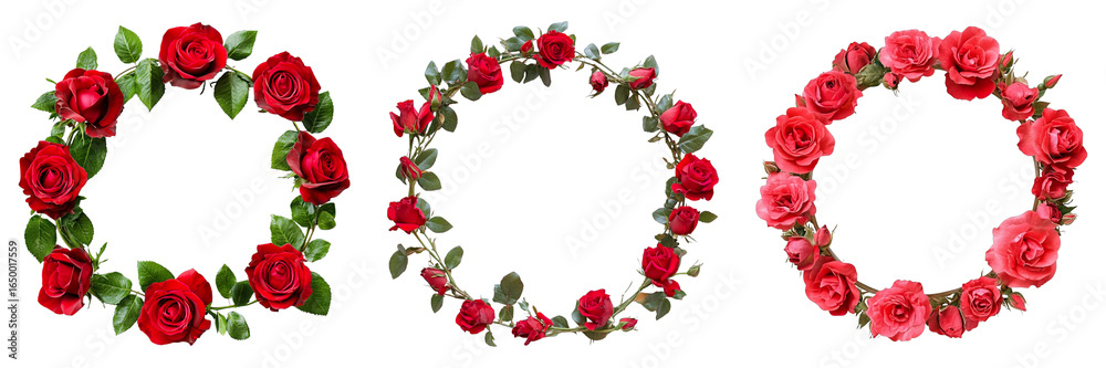 Fototapeta premium Three red flower wreaths with roses