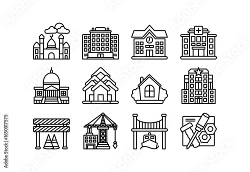 Building and Architecture Outline Icon Set contain office building, hospital, school, house, cottage, government building, and more. perfect for apps, web,  and creative project 