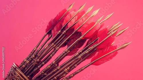 An ornate quiver filled with arrows symbolizing readiness for battle. Pink background