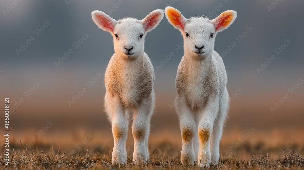 Obraz premium Two fluffy lambs face forward, walking