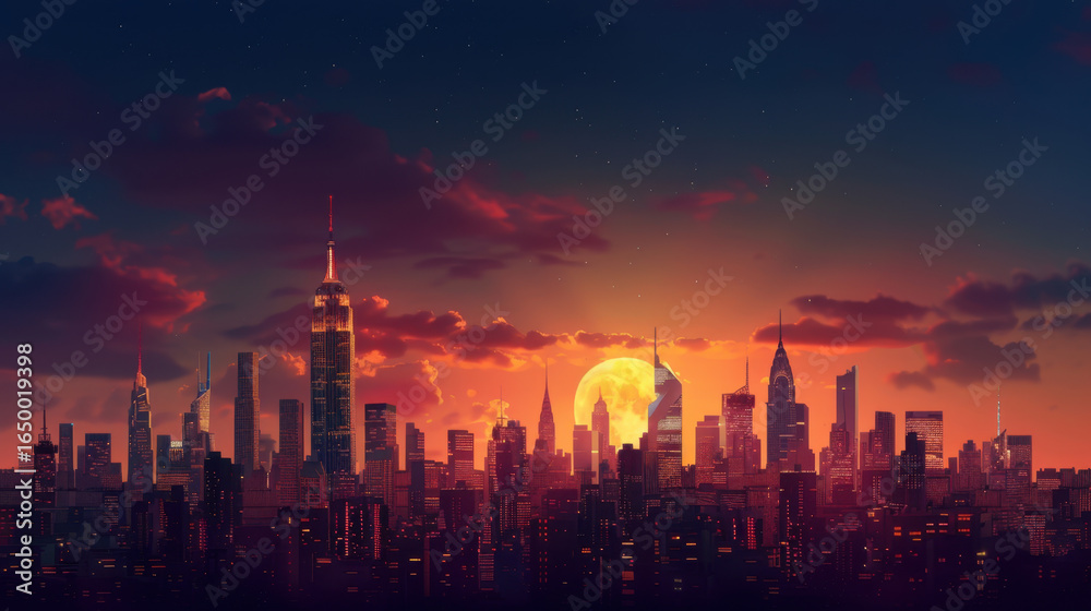 Fototapeta premium Stunning city skyline at sunset, featuring tall skyscrapers and vibrant orange sun setting behind buildings. scene captures beauty of urban life and transition from day to night