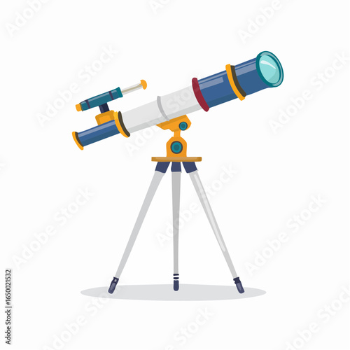 Flat style vector icon of a telescope mounted on a tripod, symbolizing stargazing and astronomy research.