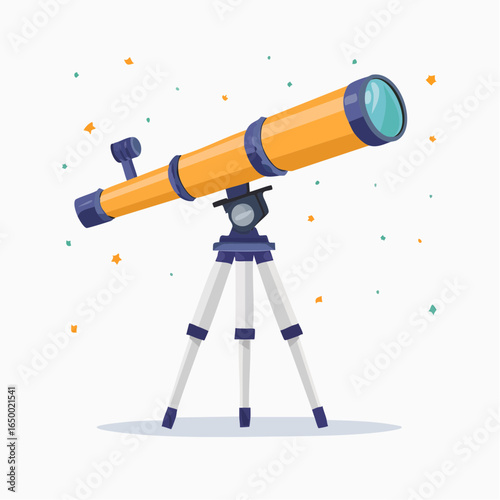 Flat style vector icon of a telescope mounted on a tripod, symbolizing stargazing and astronomy research.