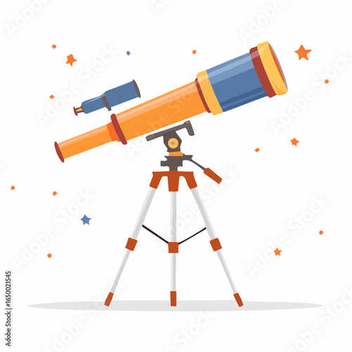 Flat style vector icon of a telescope mounted on a tripod, symbolizing stargazing and astronomy research.