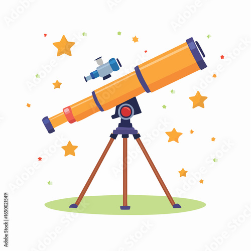 Flat style vector icon of a telescope mounted on a tripod, symbolizing stargazing and astronomy research.
