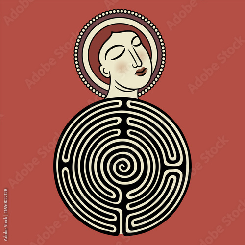 Head of a Christian saint on top of a round spiral maze or labyrinth symbol. Creative philosophical concept. 