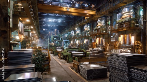 Industrial Warehouse Interior with Machinery and Stacked Steel Sheets