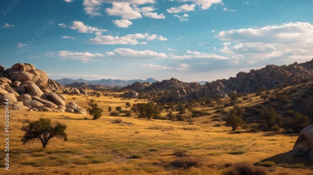 Naklejka premium dramatic desert landscape, dry river bed, rocky hills and cliffs, blue cloudy sky, sparse vegetation, warm desert tones, cinematic lighting, epic scenery, grandiose landscape