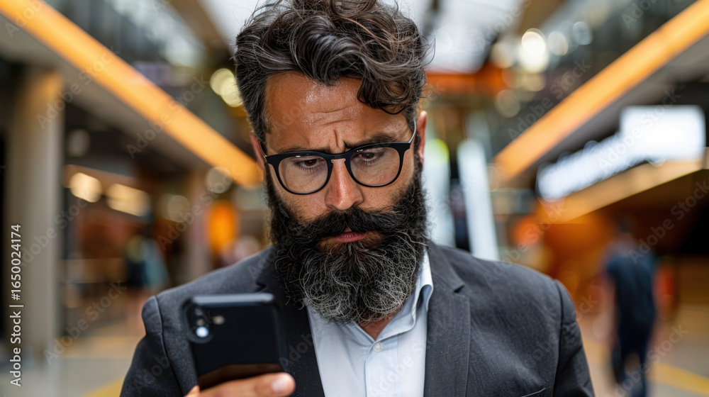 Fototapeta premium Man with well groomed beard and glasses is focused his smartphone modern indoor setting. His expression shows concentration as he navigates through his device, surrounded by bustling environment