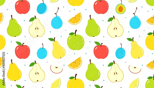 Colorful fruit pattern design on a white background.
