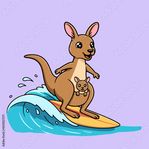 Happy cartoon kangaroo surfing on a wave with a joey in its pouch, on a yellow surfboard with a red stripe, set against a light purple background.