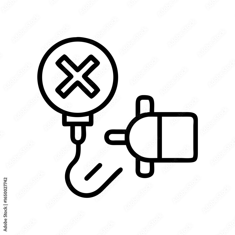 Fototapeta premium A simplified icon representing a medical device with an intravenous drip bag featuring an X symbol, possibly indicating do not use or a similar message