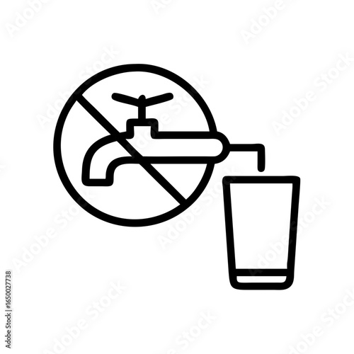 A symbolic illustration depicting the prohibition of drinking water, with a faucet and a glass. The icon is a strong visual message about the importance of water safety