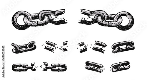 A collection of gritty textured illustrations of broken and shattering chains.
