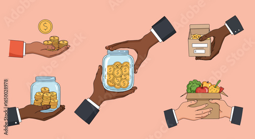 A collection of illustrated hands giving and receiving charitable donations of money coins and food boxes.
