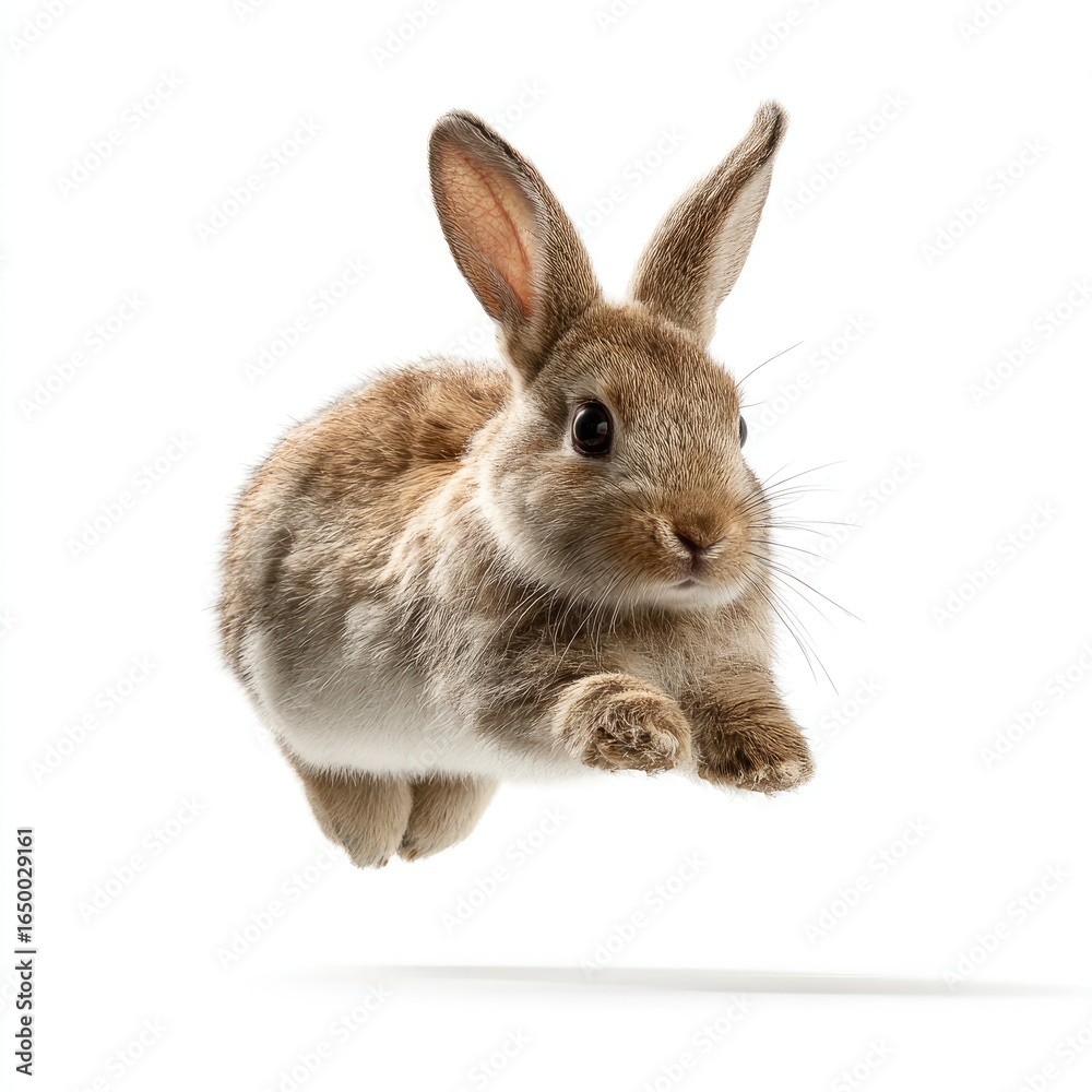 Obraz premium Brown rabbit in mid-air jump, white background