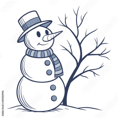 Cheerful snowman wearing hat and scarf beside bare tree