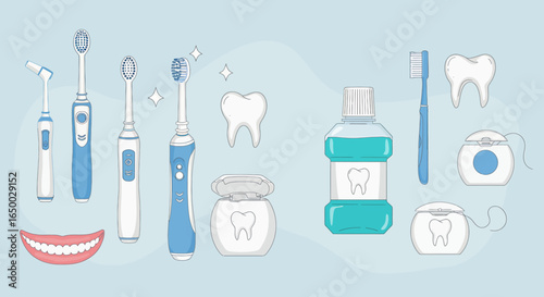 A comprehensive illustrated collection of modern oral hygiene and dental care products.