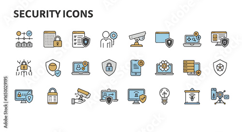 A comprehensive set of modern security and cybersecurity icons featuring line art with color fills for data protection and surveillance concepts.