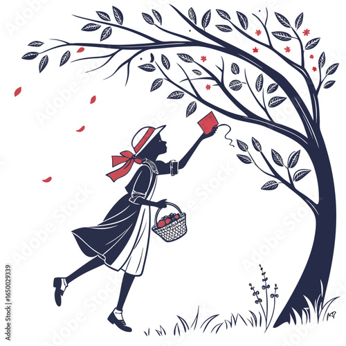 Girl picking red fruit from tree vector