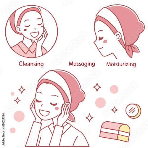 Happy woman cleansing massaging moisturizing face vector