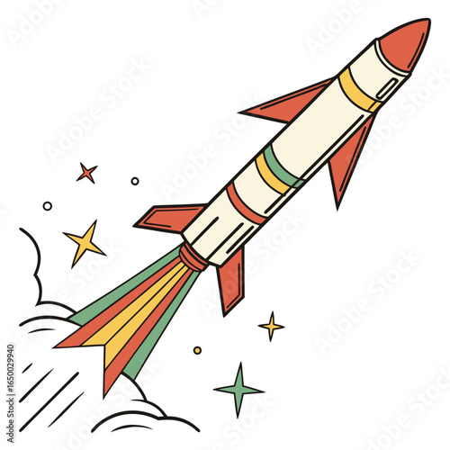 Retro rocket blasting off with colorful trail and stars