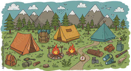 A mountain campsite scene with multiple tents campfires backpacks and assorted hiking and survival equipment.