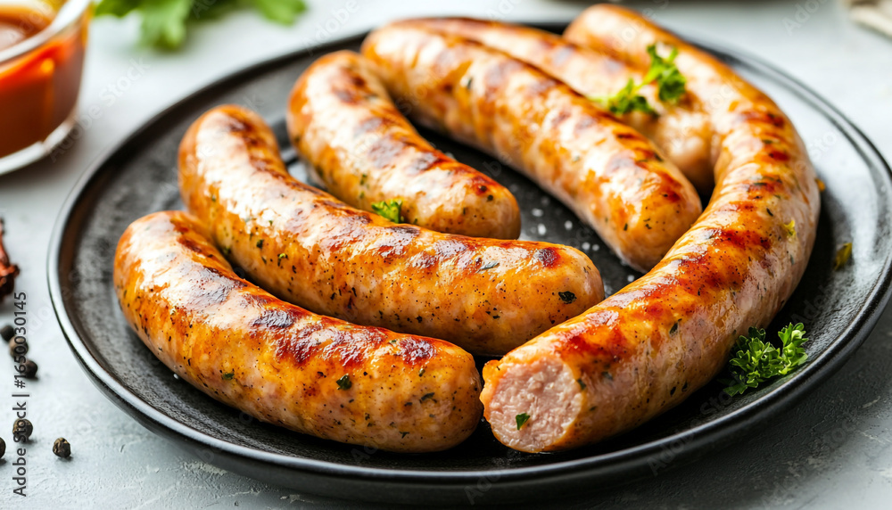 pork sausages on a plate light background pork sausages on a plate light background